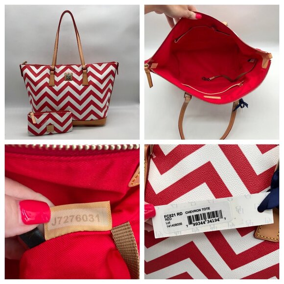Dooney & Bourke Red Pebbled Grain Leather Striped Chevron Tote Bag With Wallet - Picture 10 of 10
